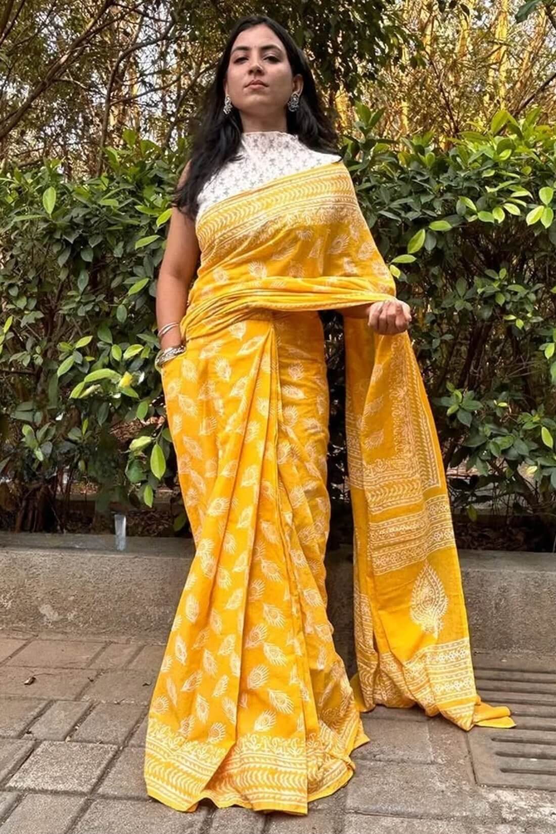Effulgent 1 Minute Ready To Wear Yellow Mul Cotton Digital Printed Saree With Pocket