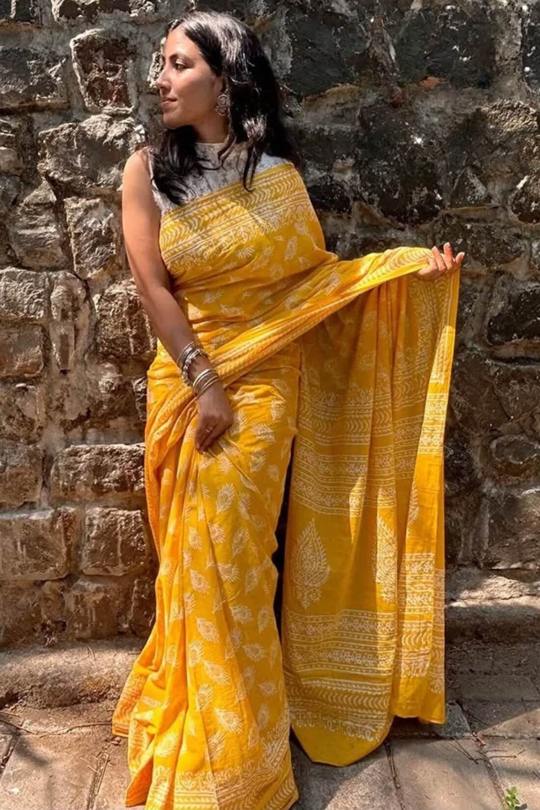 Effulgent 1 Minute Ready To Wear Yellow Mul Cotton Digital Printed Saree With Pocket