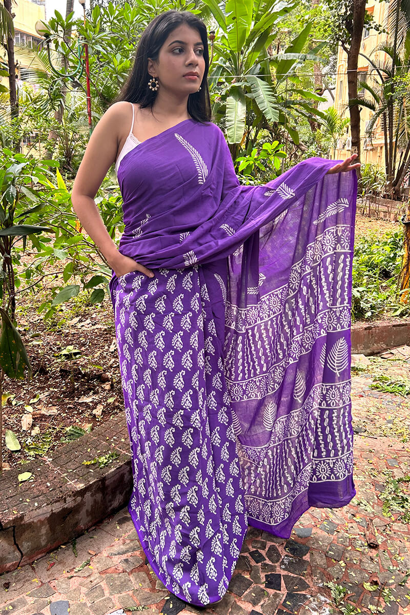 Sempiternal 1 Minute Ready To Wear Purple Mul Cotton Digital Printed Saree With Pocket