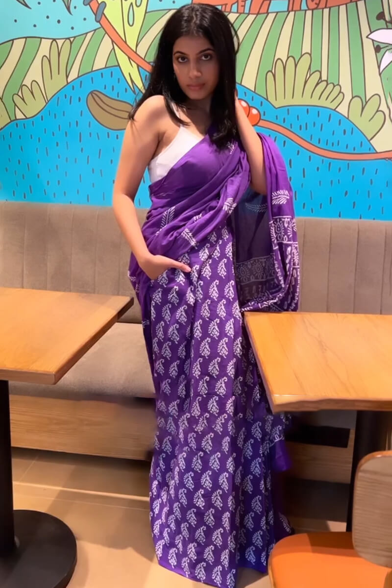 Sempiternal 1 Minute Ready To Wear Purple Mul Cotton Digital Printed Saree With Pocket