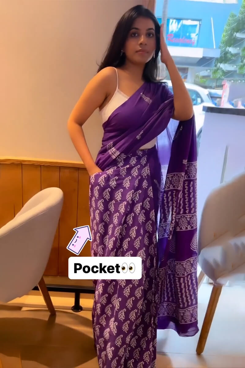 Sempiternal 1 Minute Ready To Wear Purple Mul Cotton Digital Printed Saree With Pocket