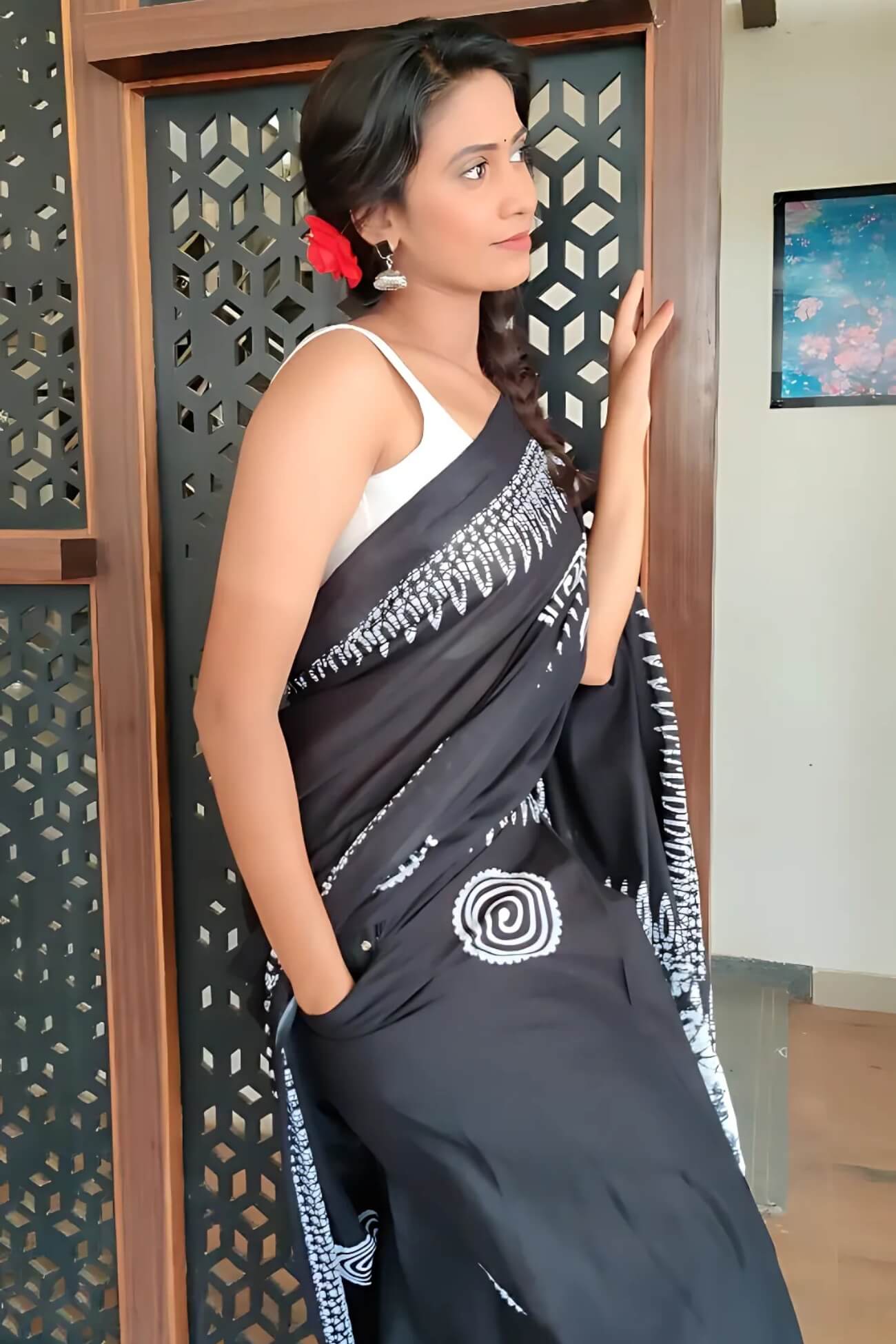 Classic 1 Minute Ready To Wear Black Mul Cotton Digital Printed Saree With Pocket