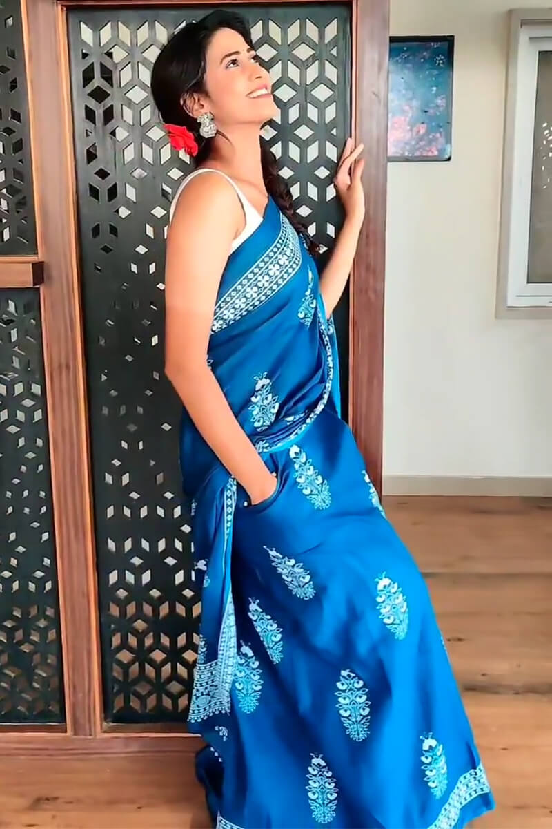 Dalliance 1 Minute Ready To Wear Blue Mul Cotton Digital Printed Saree With Pocket