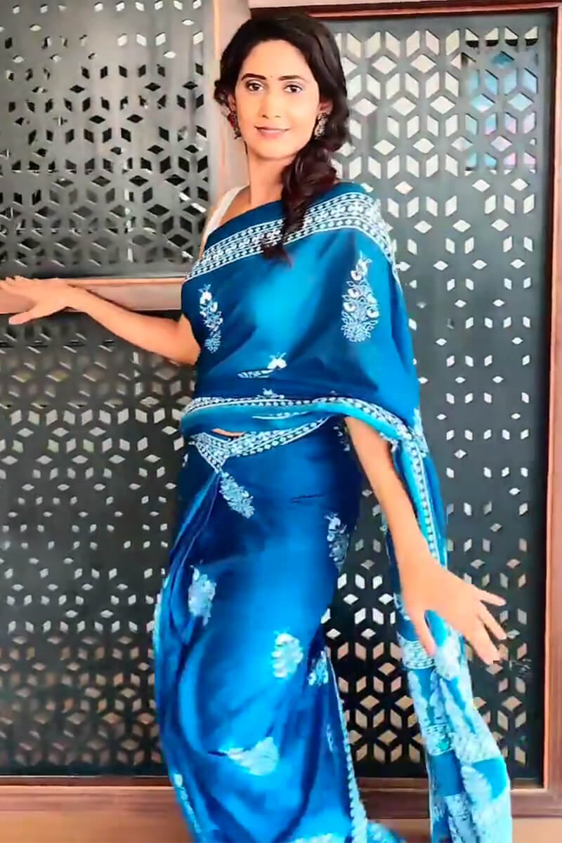 Dalliance 1 Minute Ready To Wear Blue Mul Cotton Digital Printed Saree With Pocket