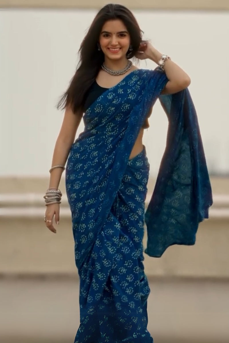 Trendy 1 Minute Ready To Wear Blue Mul Cotton Digital Printed Saree