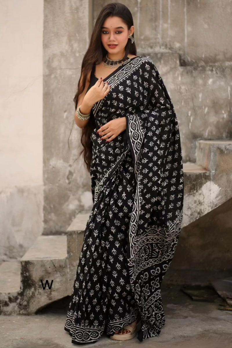 Vestigial 1 Minute Ready To Wear Black Mul Cotton Digital Printed Saree