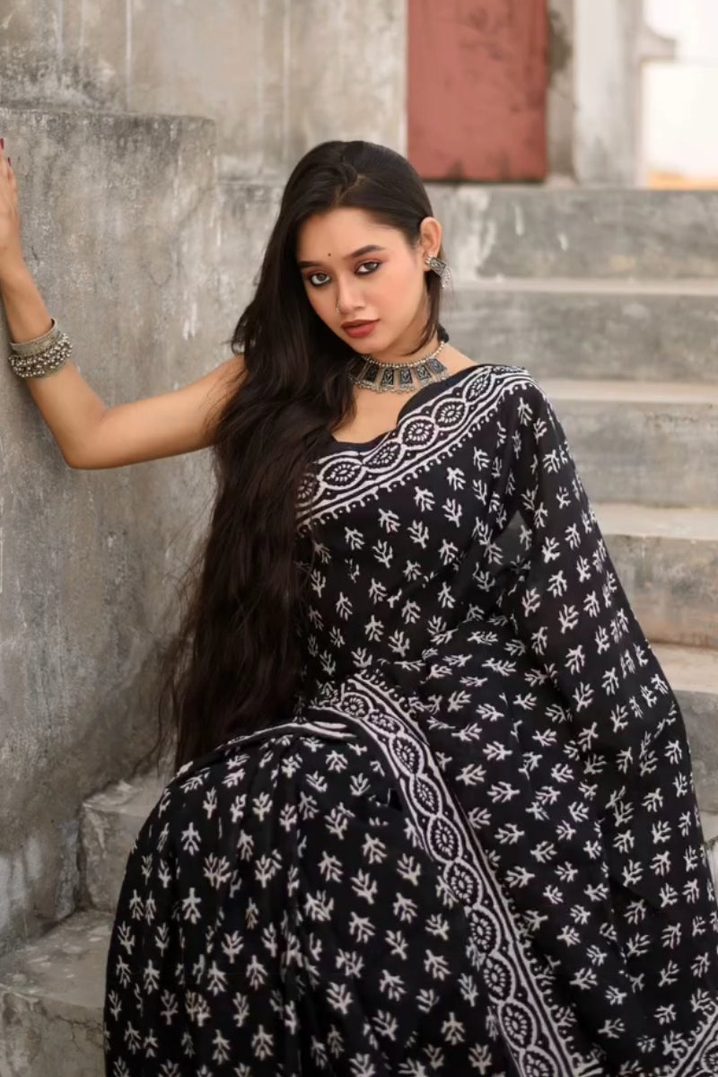 Vestigial 1 Minute Ready To Wear Black Mul Cotton Digital Printed Saree