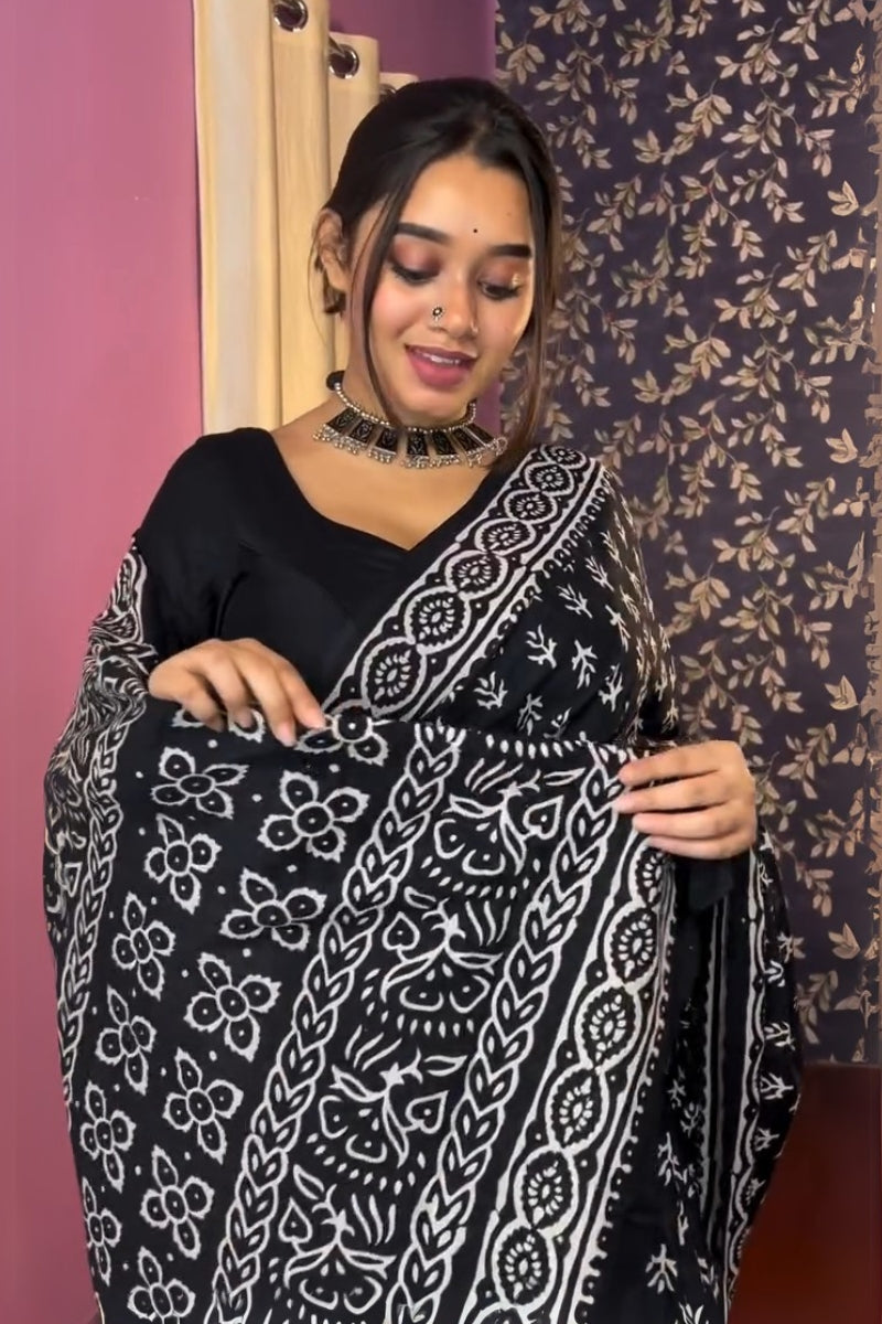 Vestigial 1 Minute Ready To Wear Black Mul Cotton Digital Printed Saree