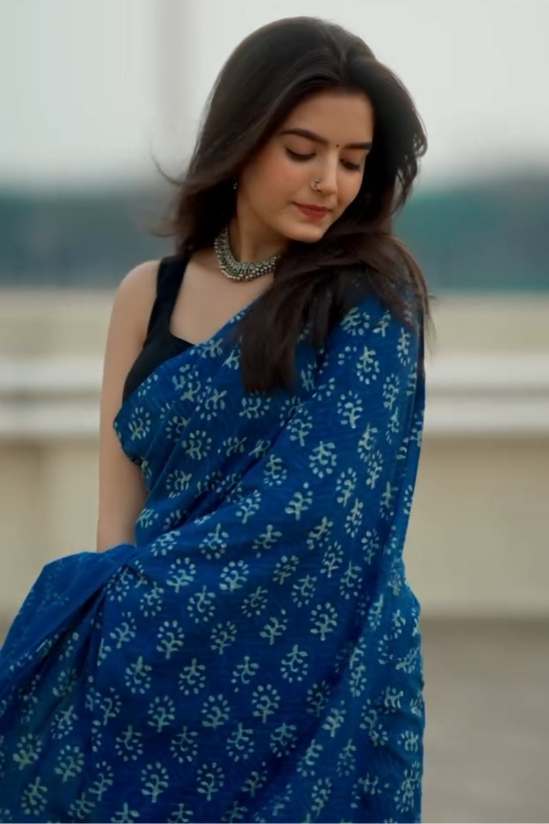 Trendy 1 Minute Ready To Wear Blue Mul Cotton Digital Printed Saree