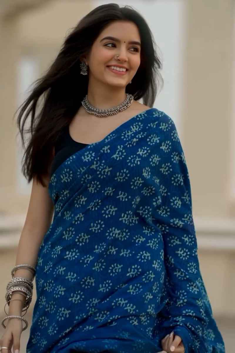 Trendy 1 Minute Ready To Wear Blue Mul Cotton Digital Printed Saree