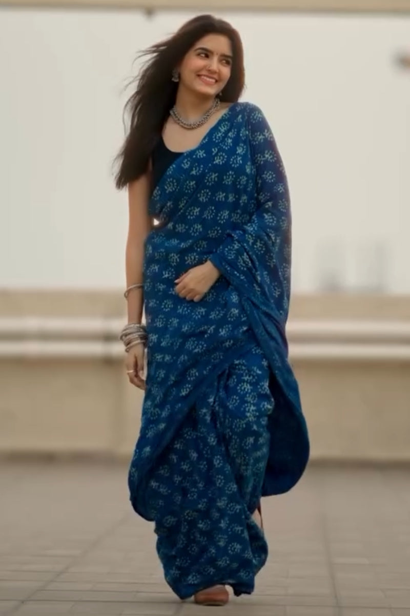 Trendy 1 Minute Ready To Wear Blue Mul Cotton Digital Printed Saree