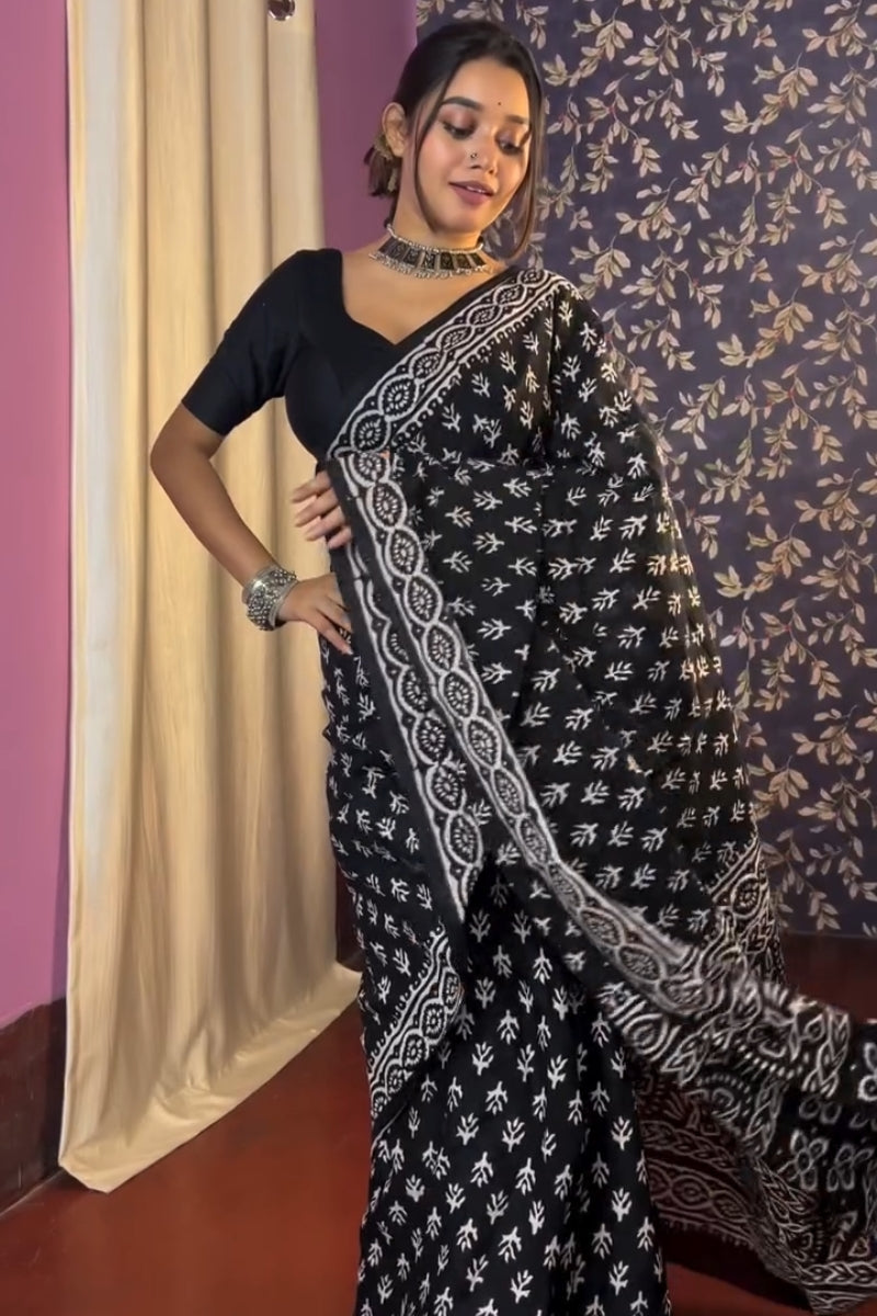 Vestigial 1 Minute Ready To Wear Black Mul Cotton Digital Printed Saree