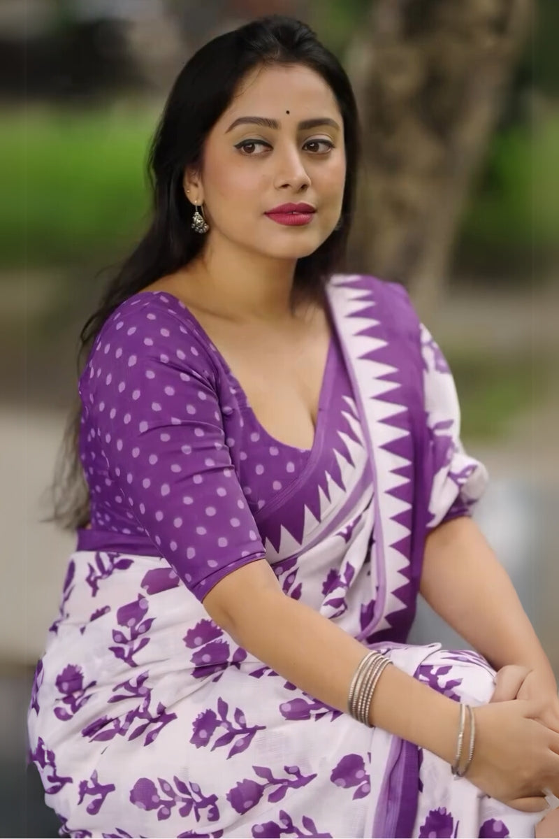 Precious 1 Minute Ready To Wear White Mul Cotton Digital Printed Saree