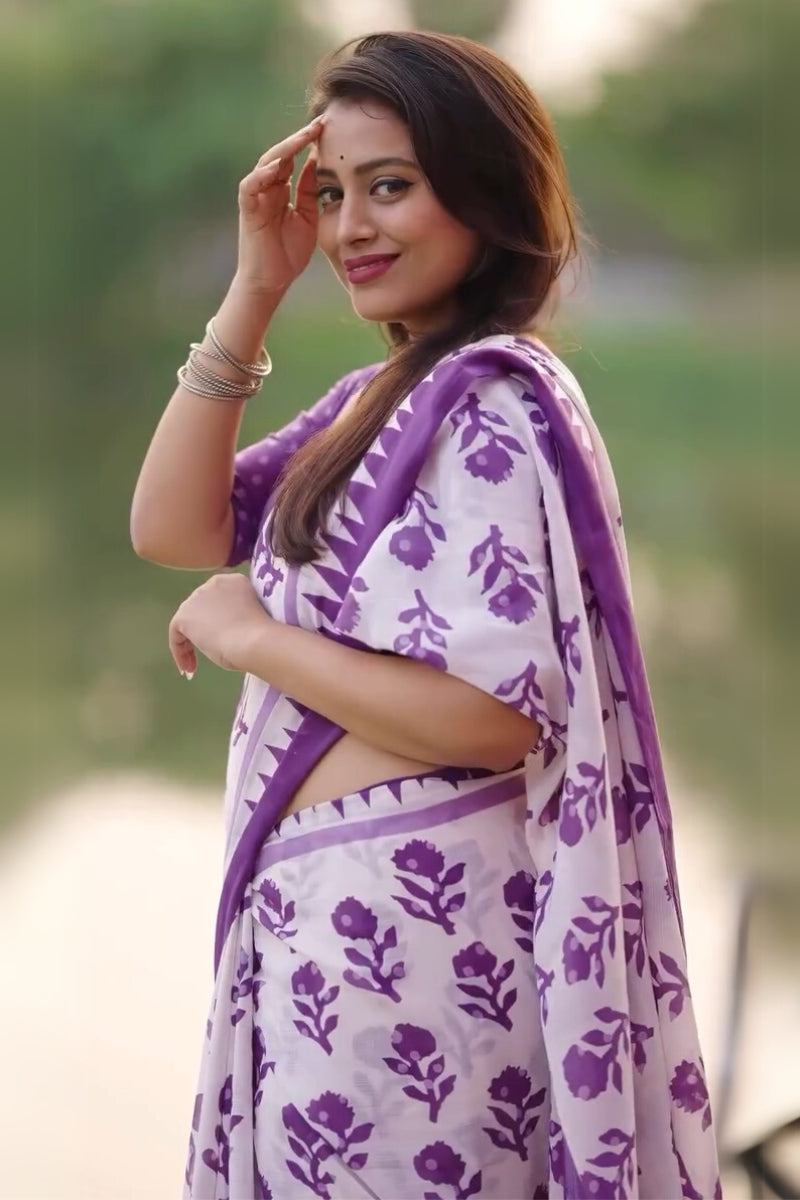 Precious 1 Minute Ready To Wear White Mul Cotton Digital Printed Saree
