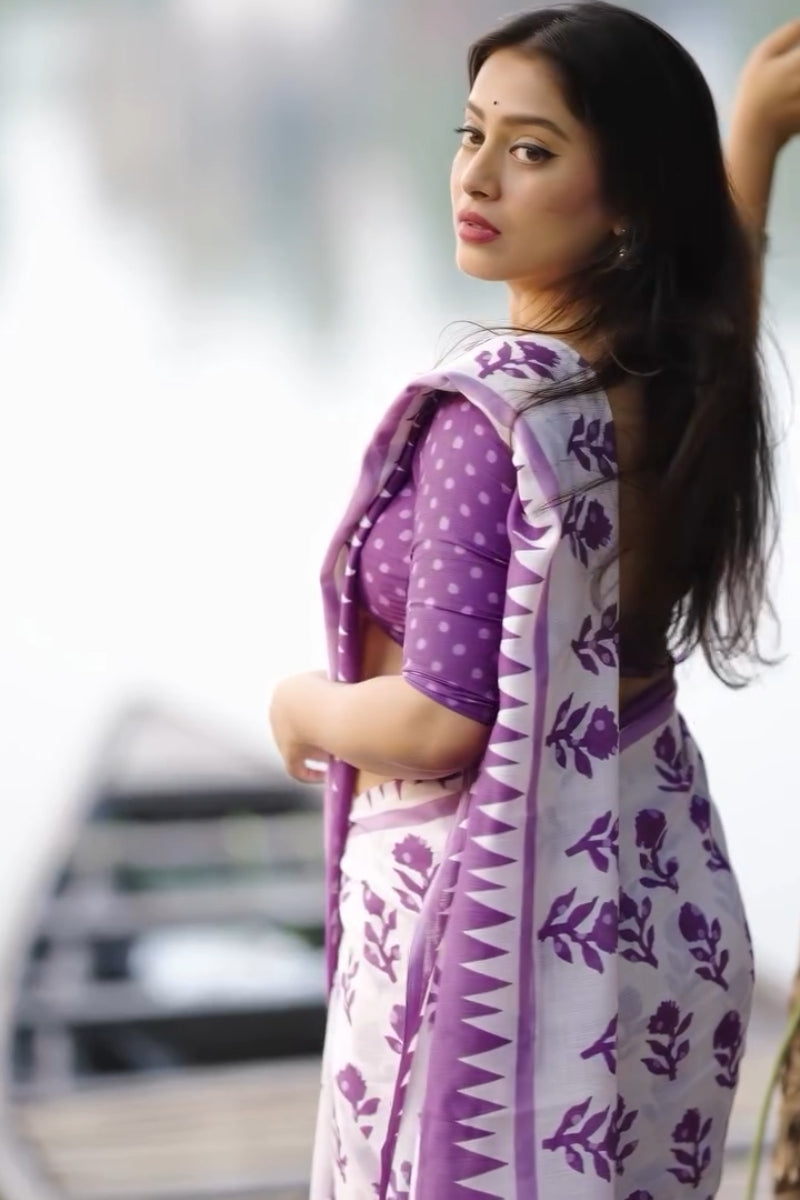 Precious 1 Minute Ready To Wear White Mul Cotton Digital Printed Saree