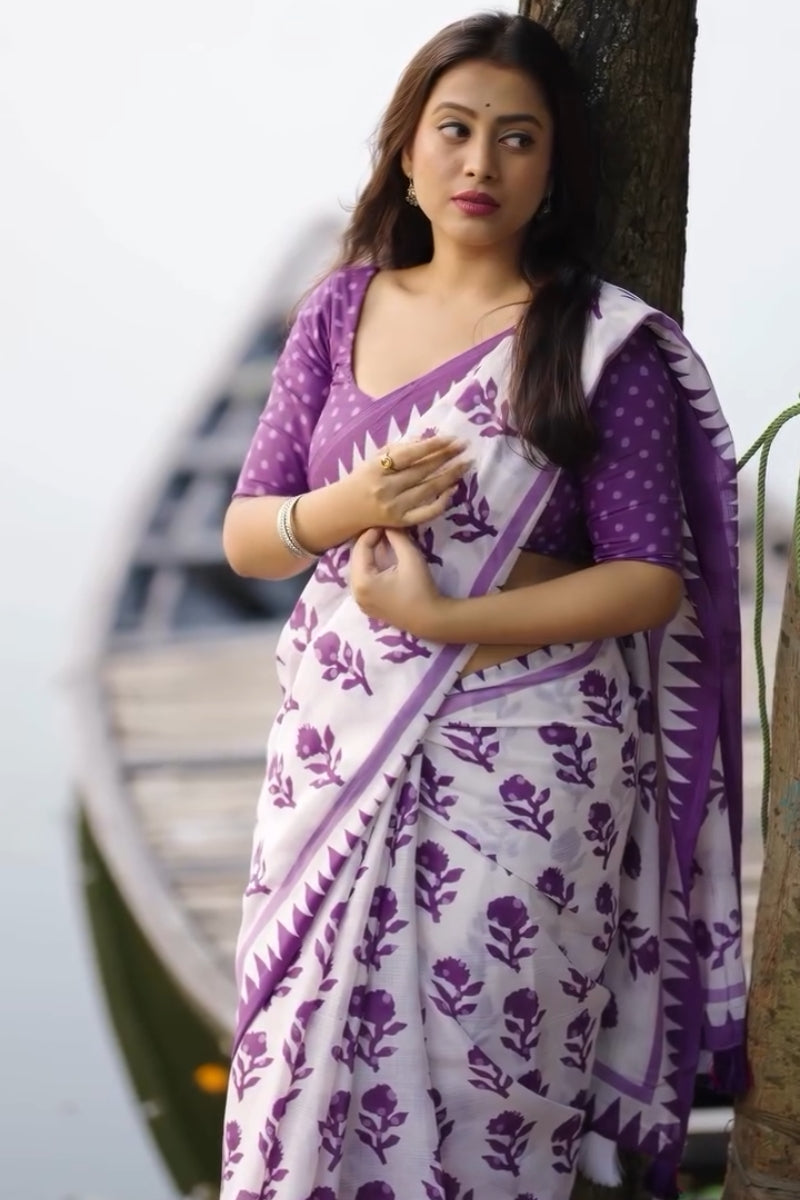 Precious 1 Minute Ready To Wear White Mul Cotton Digital Printed Saree