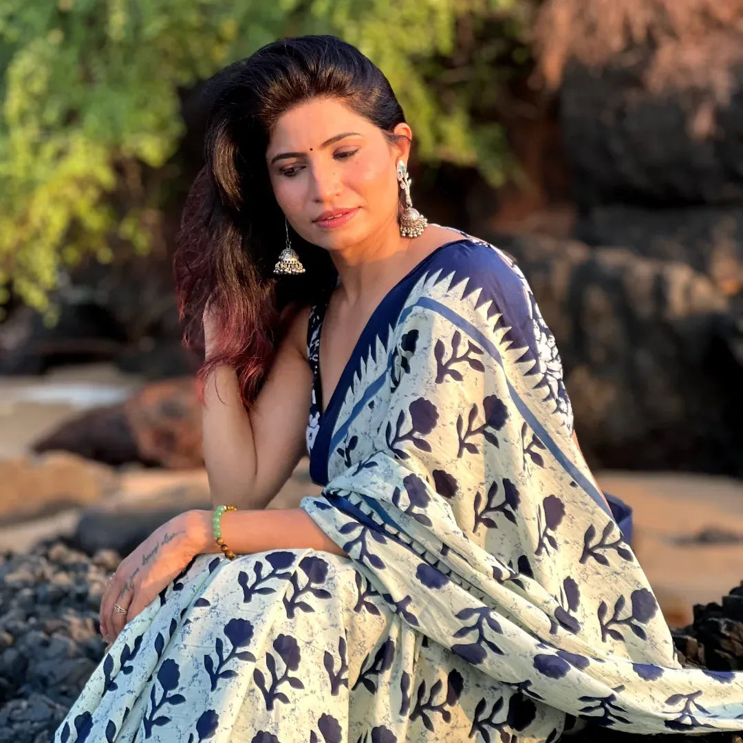 Eclat 1 Minute Ready To Wear Off White Mul Cotton Digital Printed Saree