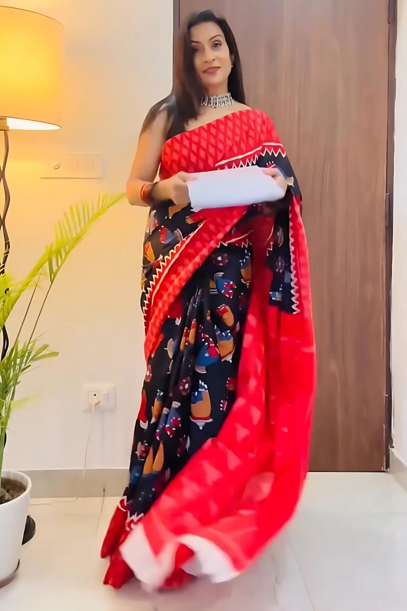 Ephemeral 1 Minute Ready To Wear Black Mul Cotton Digital Printed Saree