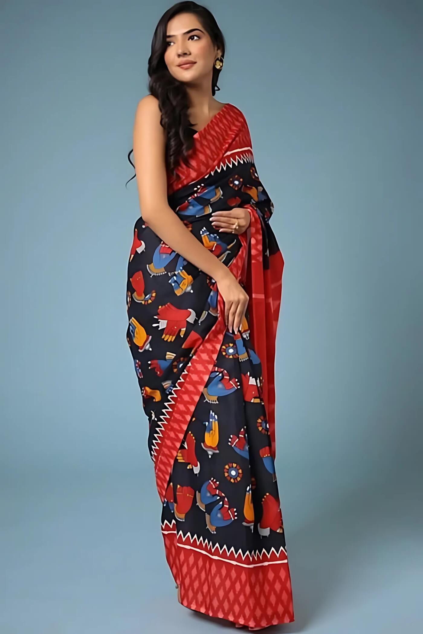 Ephemeral 1 Minute Ready To Wear Black Mul Cotton Digital Printed Saree