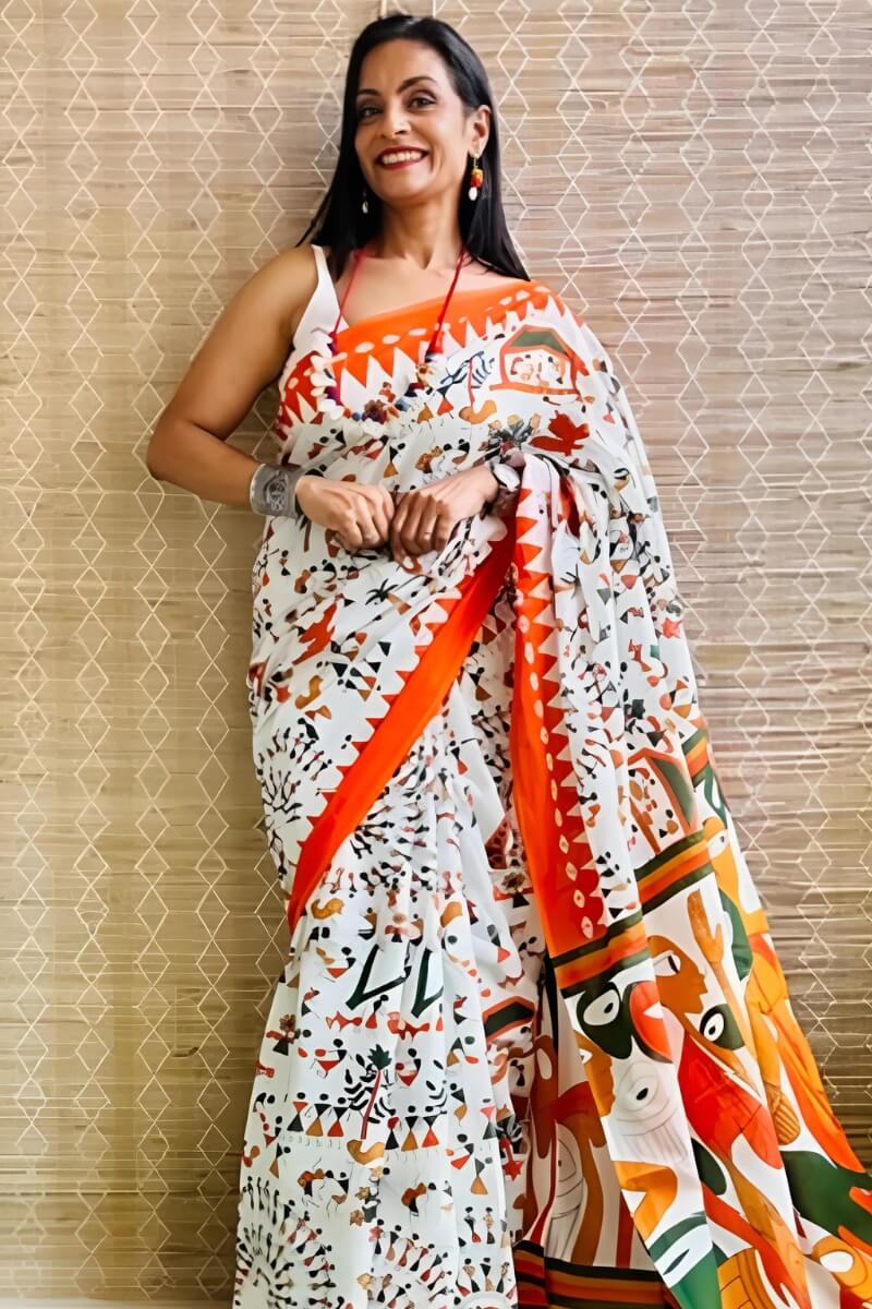 Fragrant 1 Minute Ready To Wear Off White Mul Cotton Digital Printed Saree