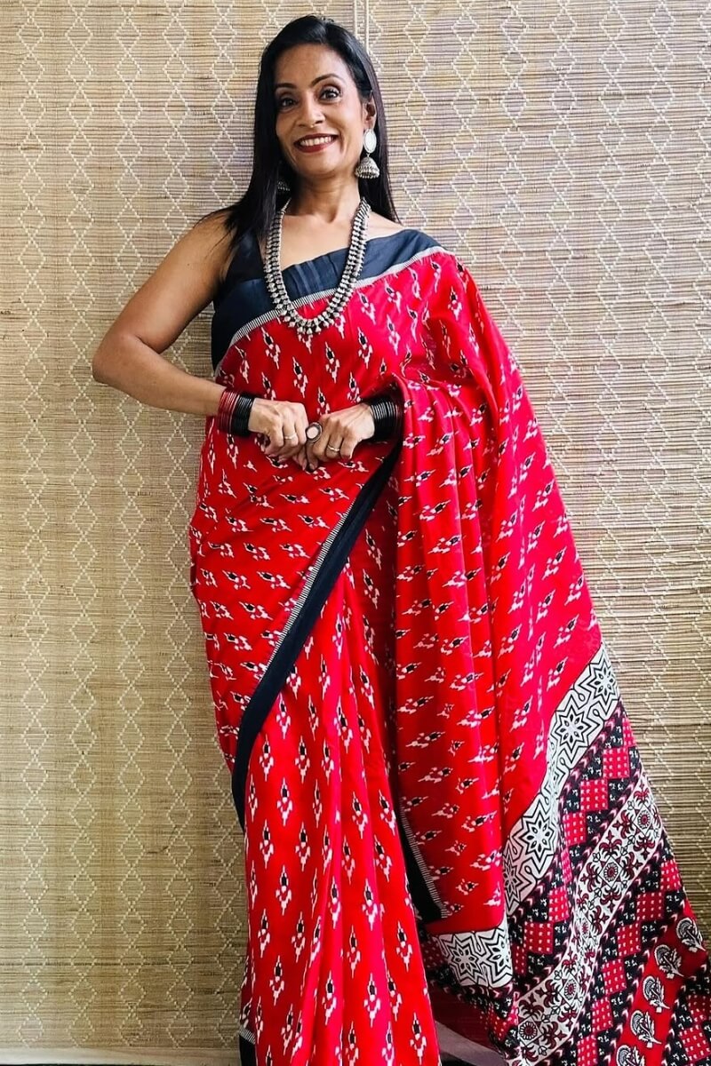 Delightful 1 Minute Ready To Wear Red Mul Cotton Digital Printed Saree
