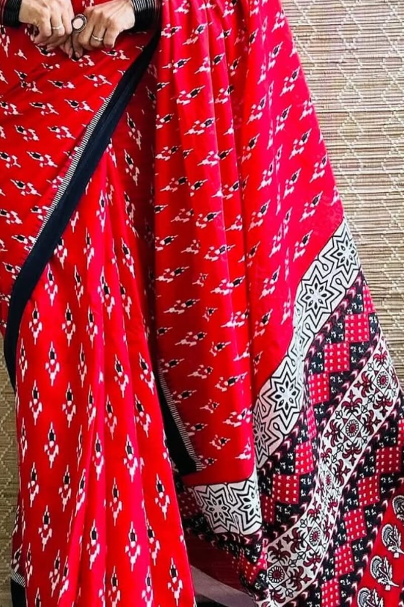 Delightful 1 Minute Ready To Wear Red Mul Cotton Digital Printed Saree