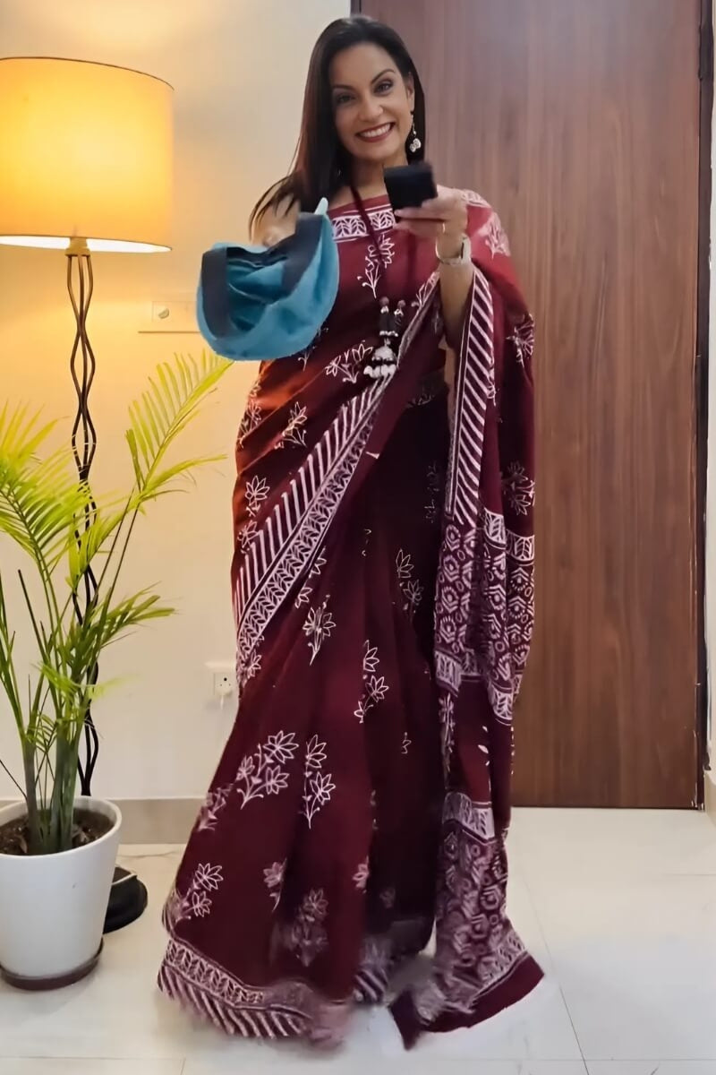 Vivacious 1 Minute Ready To Wear Wine Mul Cotton Digital Printed Saree