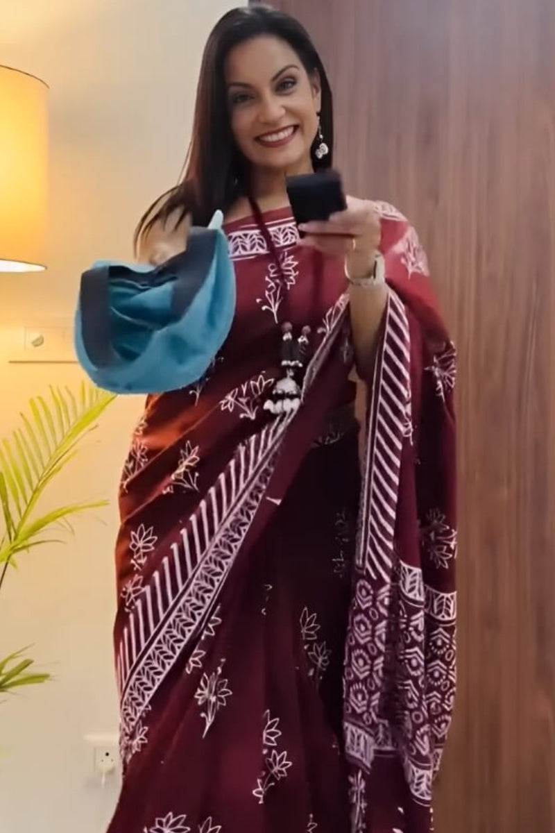 Vivacious 1 Minute Ready To Wear Wine Mul Cotton Digital Printed Saree