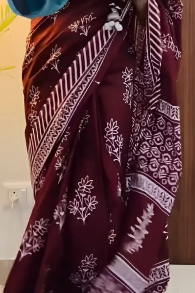 Vivacious 1 Minute Ready To Wear Wine Mul Cotton Digital Printed Saree