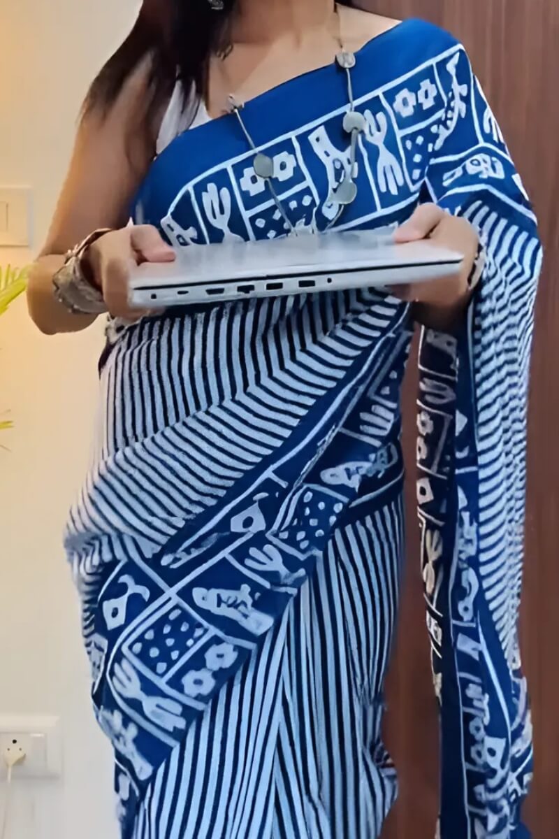 Prominent 1 Minute Ready To Wear Blue Mul Cotton Digital Printed Saree