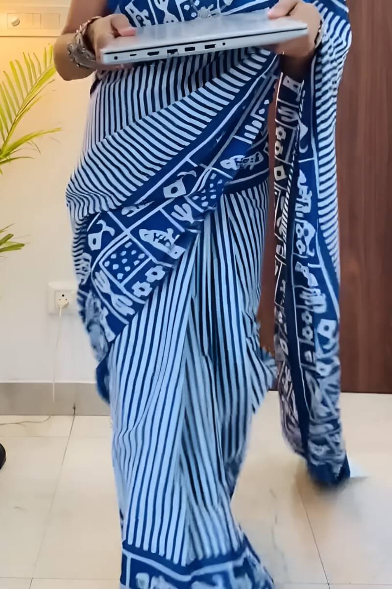 Prominent 1 Minute Ready To Wear Blue Mul Cotton Digital Printed Saree