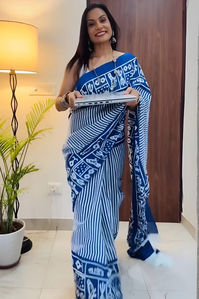 Prominent 1 Minute Ready To Wear Blue Mul Cotton Digital Printed Saree