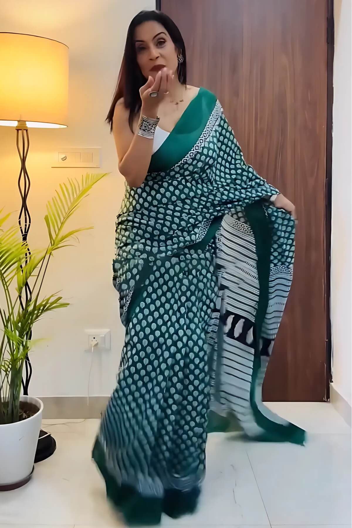 Most Snazzy 1 Minute Ready To Wear Dark Green Mul Cotton Digital Printed Saree