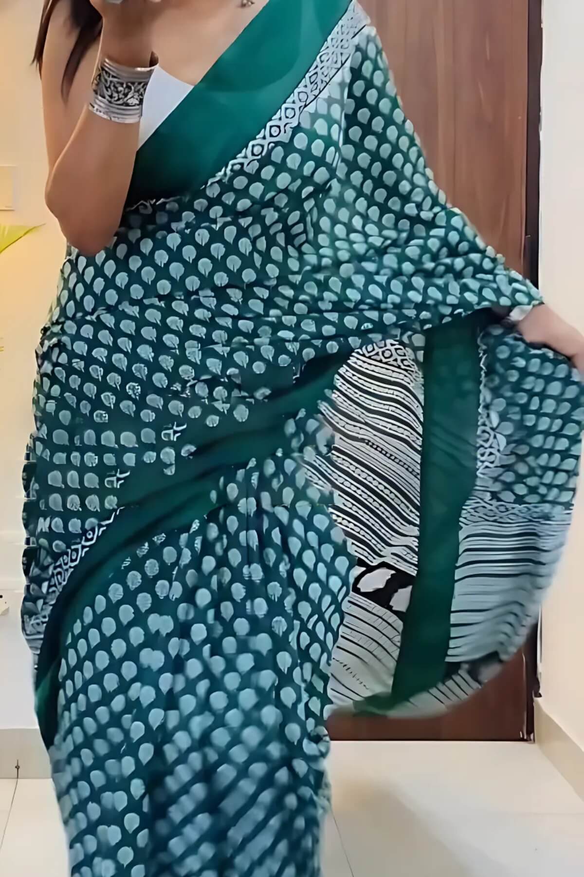 Most Snazzy 1 Minute Ready To Wear Dark Green Mul Cotton Digital Printed Saree
