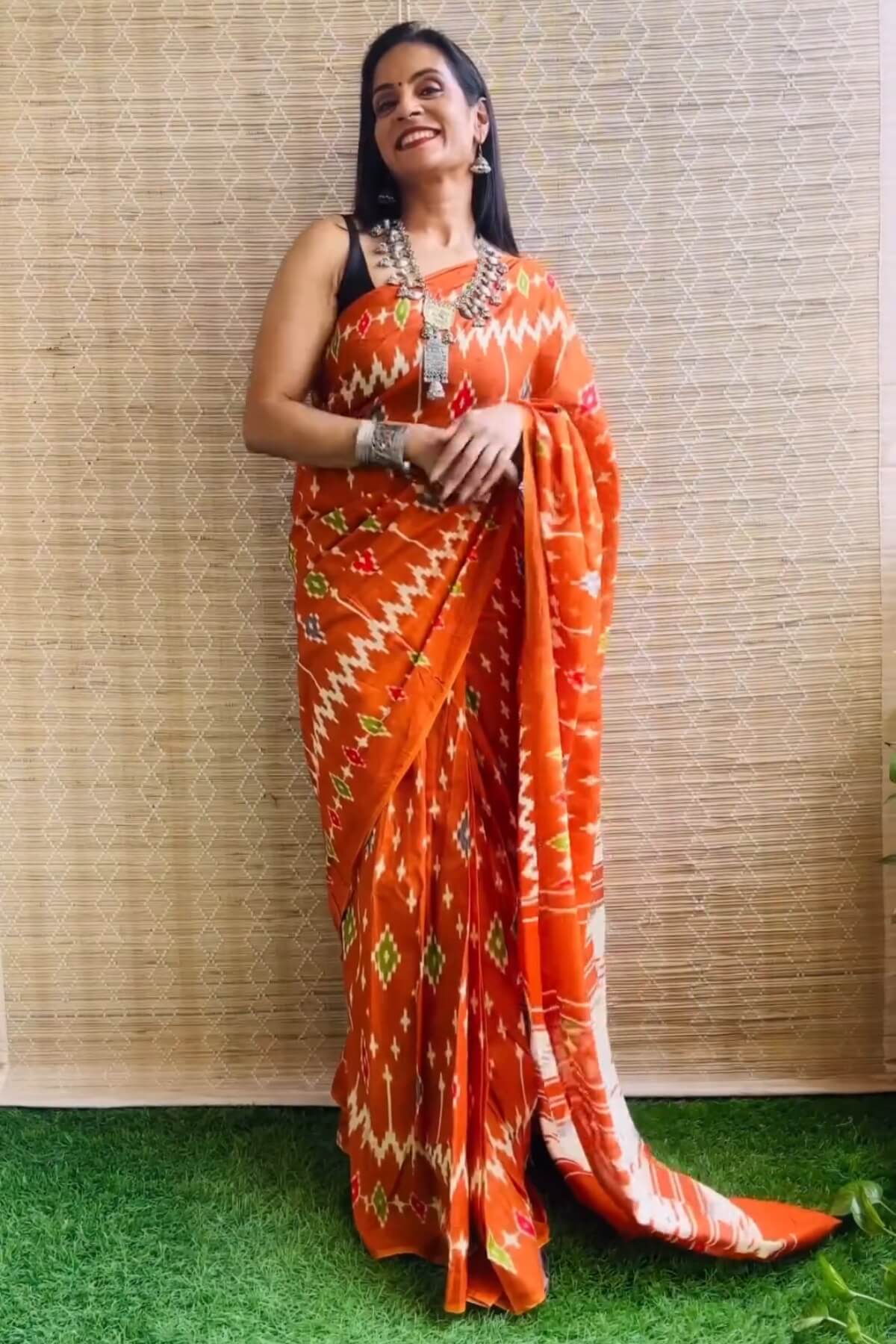 Fairytale 1 Minute Ready To Wear Orange Mul Cotton Digital Printed Saree