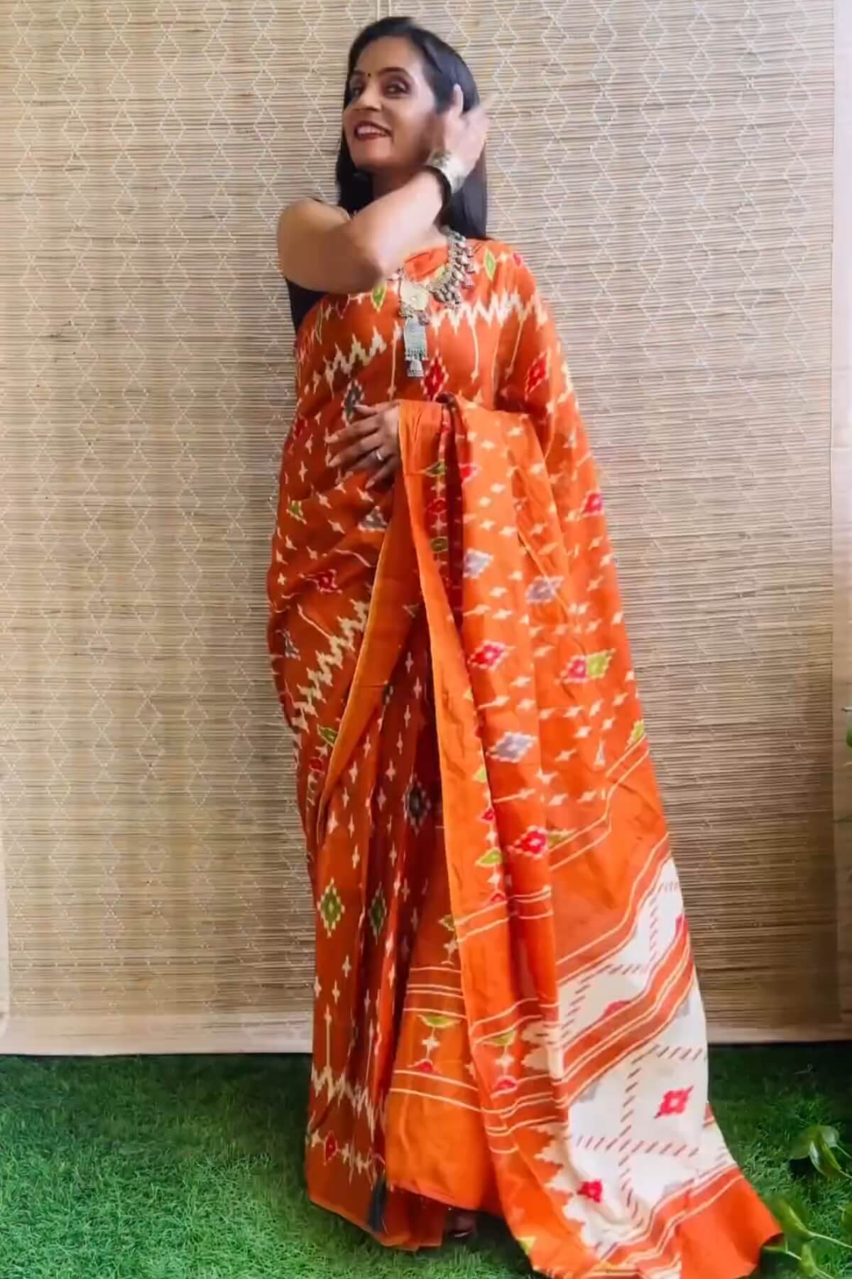 Fairytale 1 Minute Ready To Wear Orange Mul Cotton Digital Printed Saree