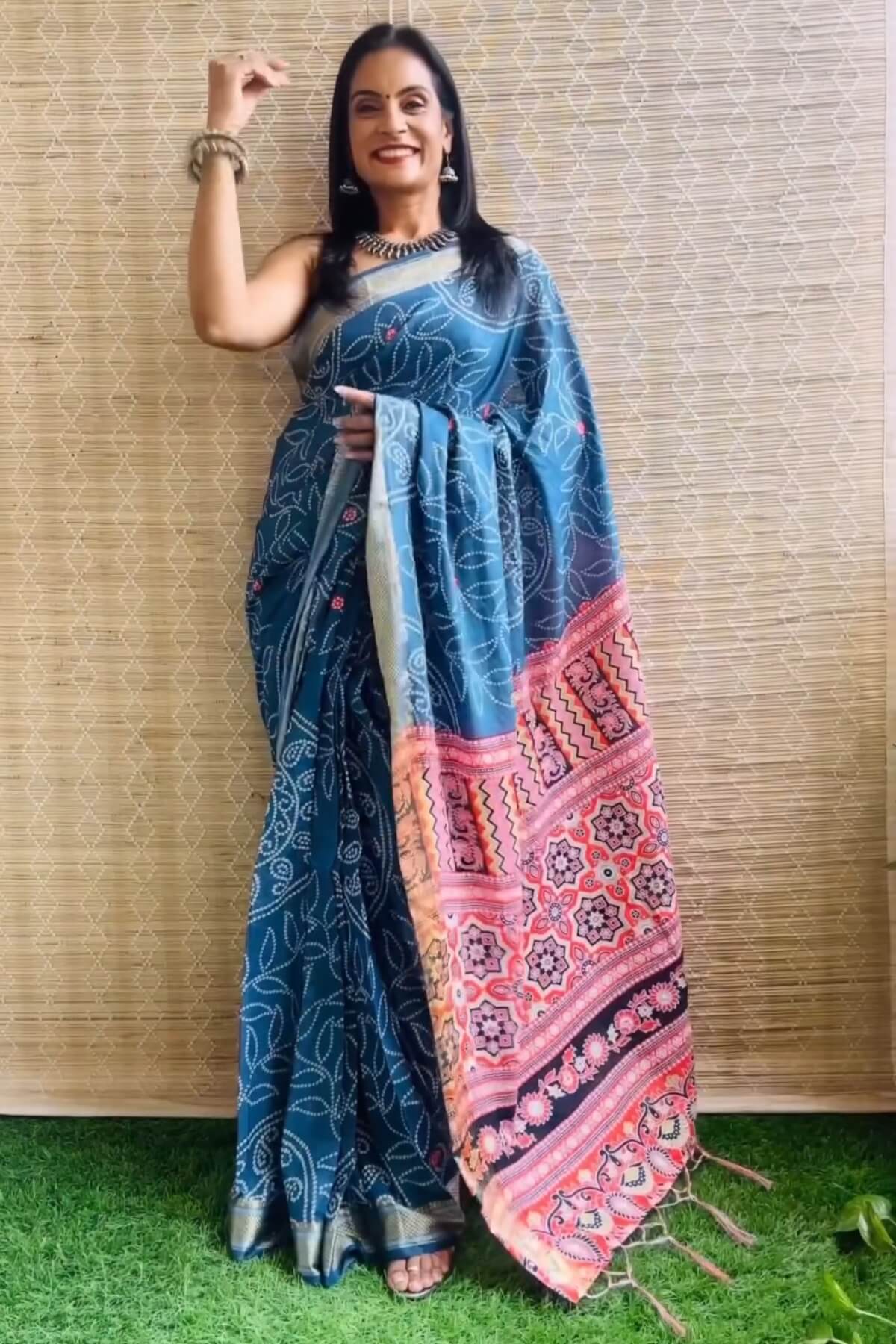 Glowing 1 Minute Ready To Wear Blue Mul Cotton Digital Printed Saree