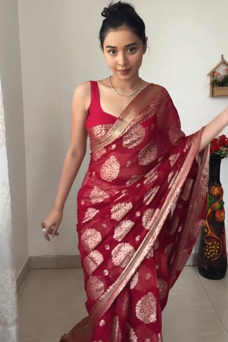 Winsome 1-Minute Ready To Wear Red Cotton Silk Saree