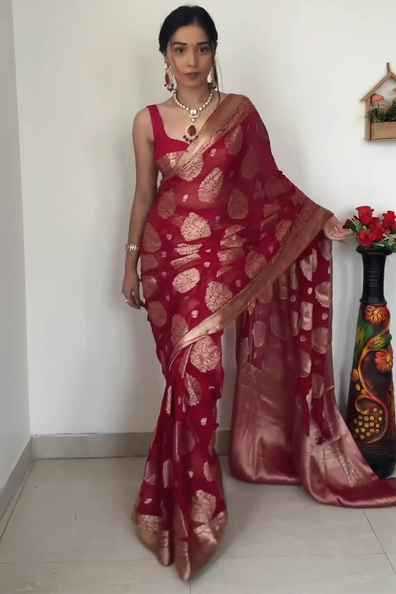 Winsome 1-Minute Ready To Wear Red Cotton Silk Saree
