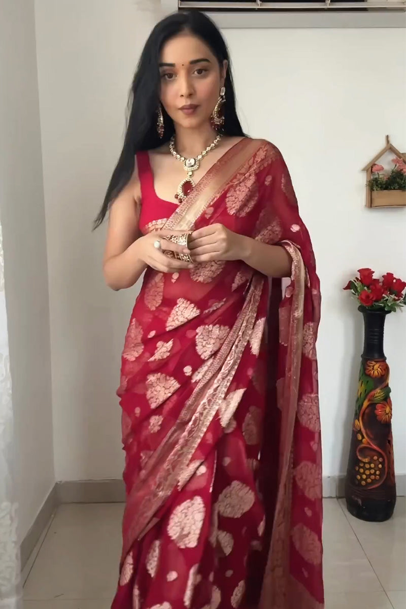Winsome 1-Minute Ready To Wear Red Cotton Silk Saree