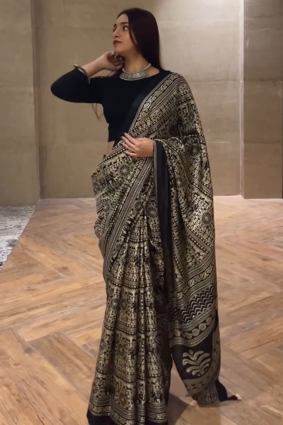 Nectarous Black 1 Minute Ready To Wear Digital Printed Crape Silk Saree