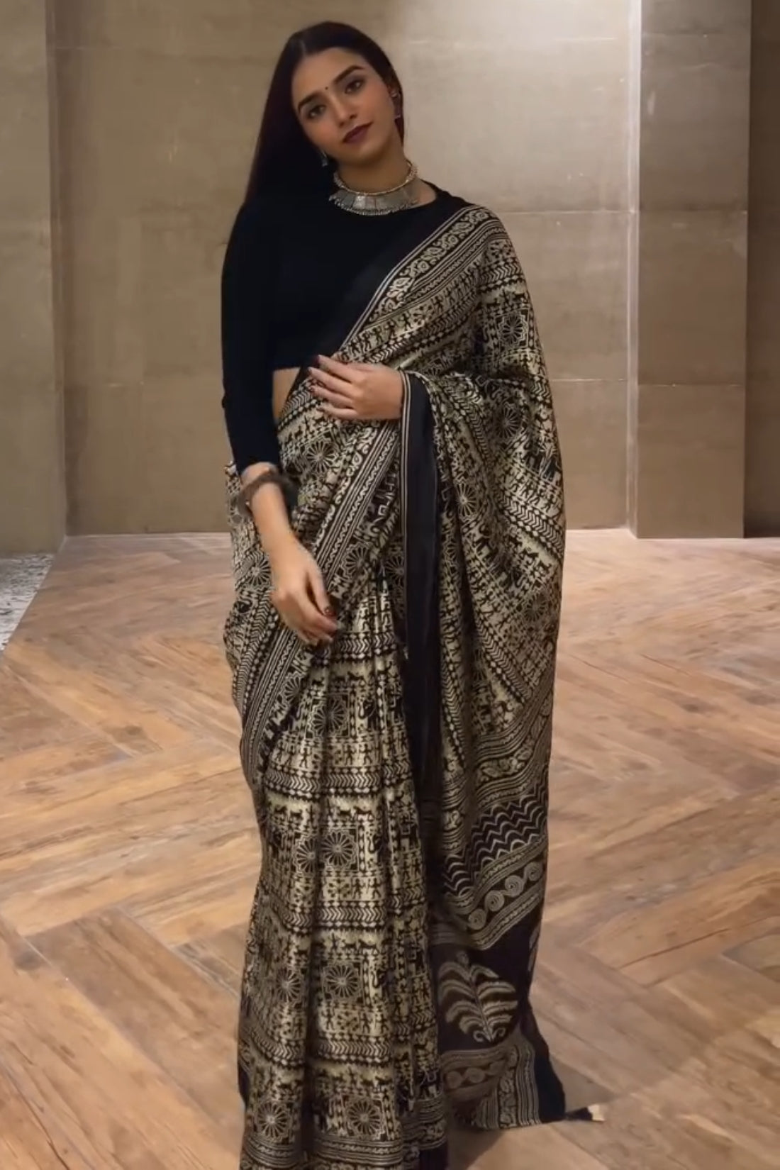 Nectarous Black 1 Minute Ready To Wear Digital Printed Crape Silk Saree