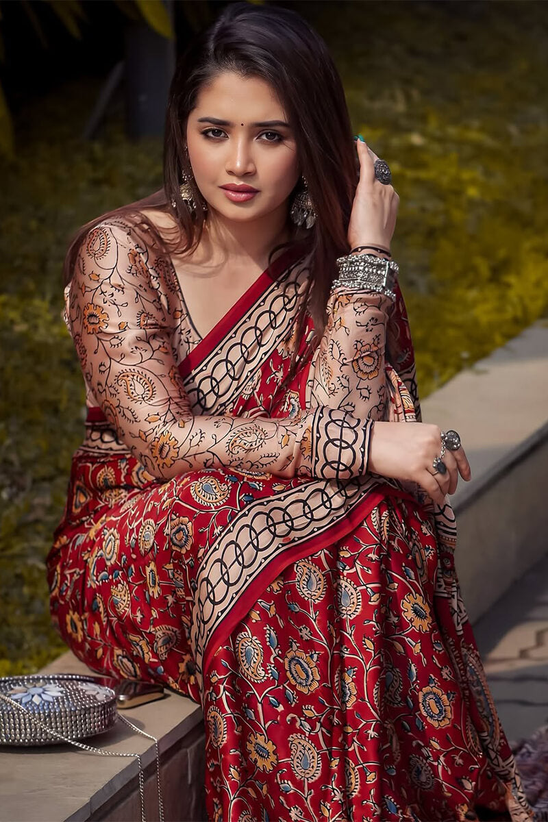 Efflorescence Red 1 Minute Ready To Wear Digital Printed Crape Silk Saree