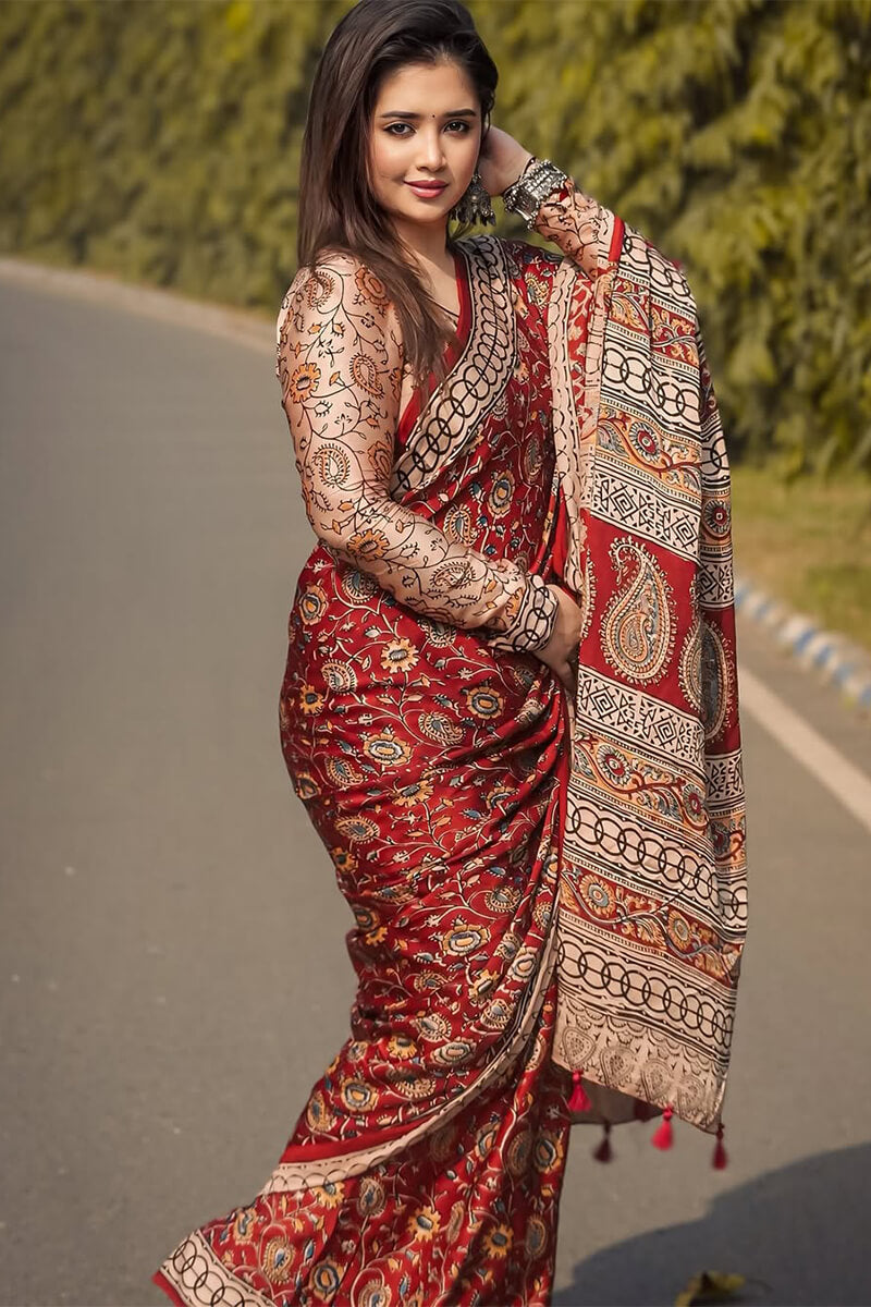 Efflorescence Red 1 Minute Ready To Wear Digital Printed Crape Silk Saree