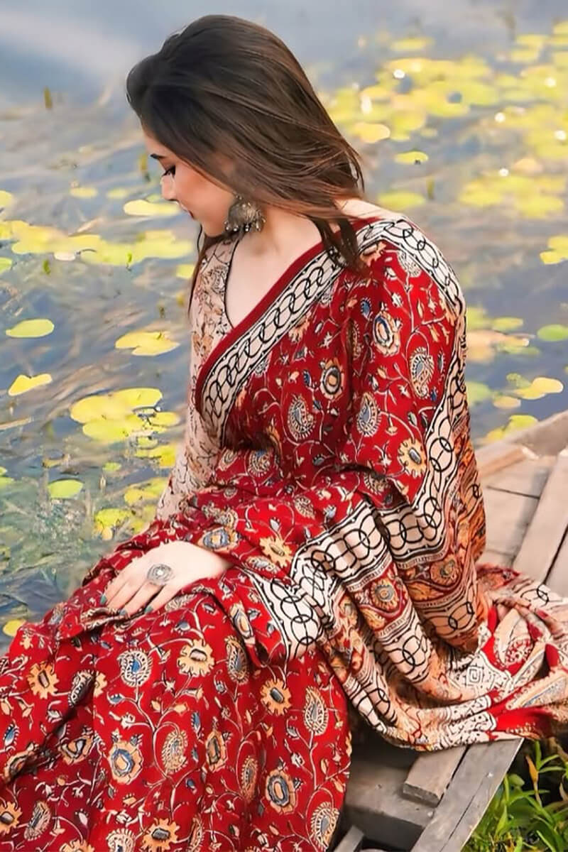 Efflorescence Red 1 Minute Ready To Wear Digital Printed Crape Silk Saree