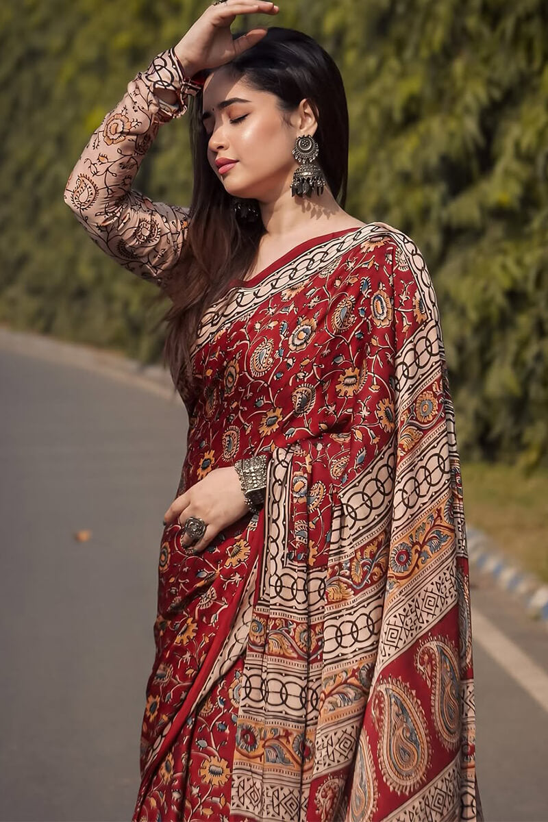 Efflorescence Red 1 Minute Ready To Wear Digital Printed Crape Silk Saree