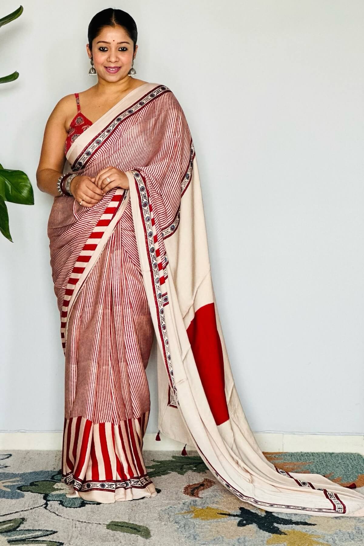 Profuse Beige And Maroon 1 Minute Ready To Wear Digital Printed Crape Silk Saree