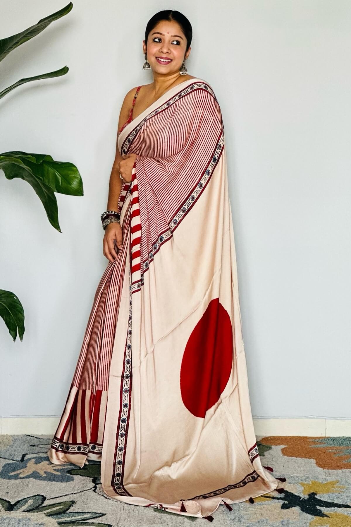 Profuse Beige And Maroon 1 Minute Ready To Wear Digital Printed Crape Silk Saree