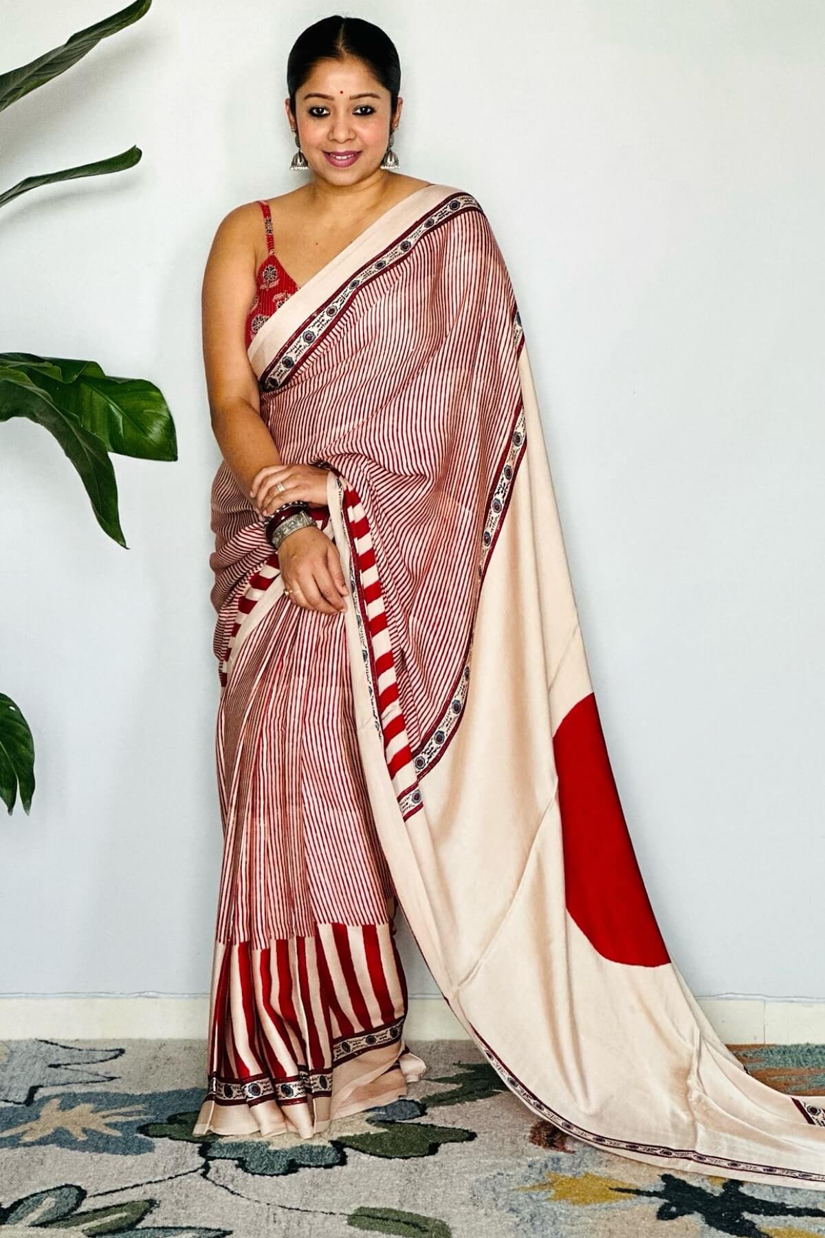 Profuse Beige And Maroon 1 Minute Ready To Wear Digital Printed Crape Silk Saree