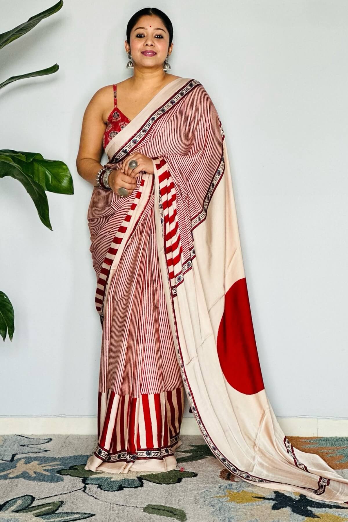 Profuse Beige And Maroon 1 Minute Ready To Wear Digital Printed Crape Silk Saree